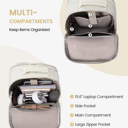 Stylish Laptop Backpack for Women – Large Capacity 27L Computer Bag with 15.6 Inch Compartment, USB Charging Port & 16 Pockets – Ideal for College, Work & Travel (White).