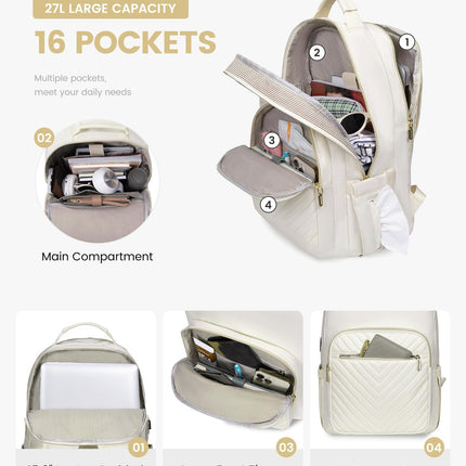 Stylish Laptop Backpack for Women – Large Capacity 27L Computer Bag with 15.6 Inch Compartment, USB Charging Port & 16 Pockets – Ideal for College, Work & Travel (White).