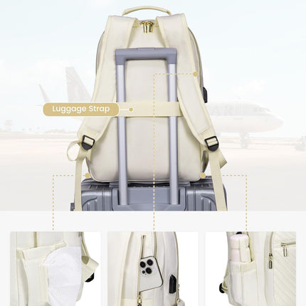 Stylish Laptop Backpack for Women – Large Capacity 27L Computer Bag with 15.6 Inch Compartment, USB Charging Port & 16 Pockets – Ideal for College, Work & Travel (White).
