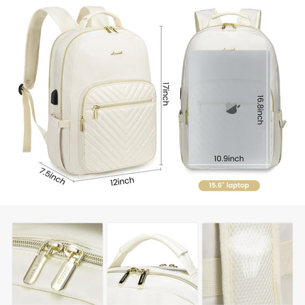 Stylish Laptop Backpack for Women – Large Capacity 27L Computer Bag with 15.6 Inch Compartment, USB Charging Port & 16 Pockets – Ideal for College, Work & Travel (White).