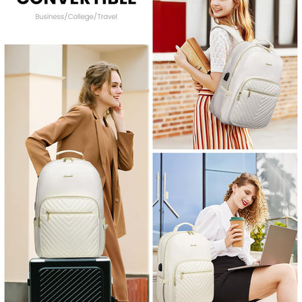 Stylish Laptop Backpack for Women – Large Capacity 27L Computer Bag with 15.6 Inch Compartment, USB Charging Port & 16 Pockets – Ideal for College, Work & Travel (White).