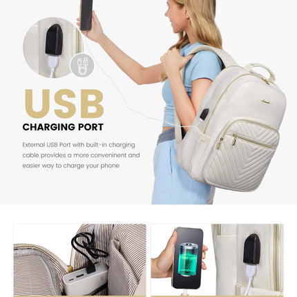 Stylish Laptop Backpack for Women – Large Capacity 27L Computer Bag with 15.6 Inch Compartment, USB Charging Port & 16 Pockets – Ideal for College, Work & Travel (White).