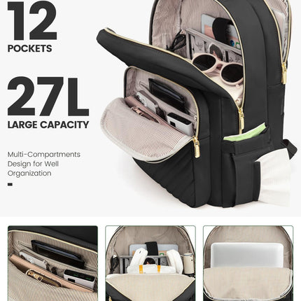 Stylish Laptop Backpack for Women – Large Capacity 27L Computer Bag with 15.6 Inch Compartment, USB Charging Port & 16 Pockets – Ideal for College, Work & Travel (Black).