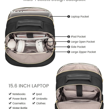 Stylish Laptop Backpack for Women – Large Capacity 27L Computer Bag with 15.6 Inch Compartment, USB Charging Port & 16 Pockets – Ideal for College, Work & Travel (Black).