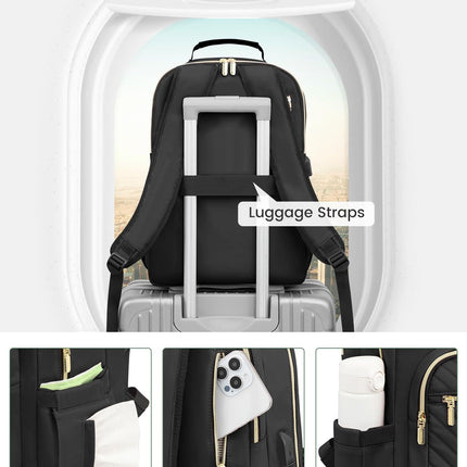 Stylish Laptop Backpack for Women – Large Capacity 27L Computer Bag with 15.6 Inch Compartment, USB Charging Port & 16 Pockets – Ideal for College, Work & Travel (Black).