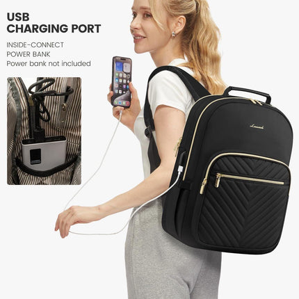 Stylish Laptop Backpack for Women – Large Capacity 27L Computer Bag with 15.6 Inch Compartment, USB Charging Port & 16 Pockets – Ideal for College, Work & Travel (Black).