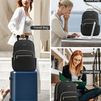 Stylish Laptop Backpack for Women – Large Capacity 27L Computer Bag with 15.6 Inch Compartment, USB Charging Port & 16 Pockets – Ideal for College, Work & Travel (Black).