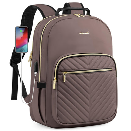 Stylish Laptop Backpack for Women – Large Capacity 27L Computer Bag with 15.6 Inch Compartment, USB Charging Port & 16 Pockets – Ideal for College, Work & Travel (Brown).