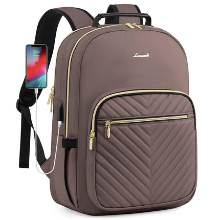 Stylish Laptop Backpack for Women – Large Capacity 27L Computer Bag with 15.6 Inch Compartment, USB Charging Port & 16 Pockets – Ideal for College, Work & Travel (Brown).