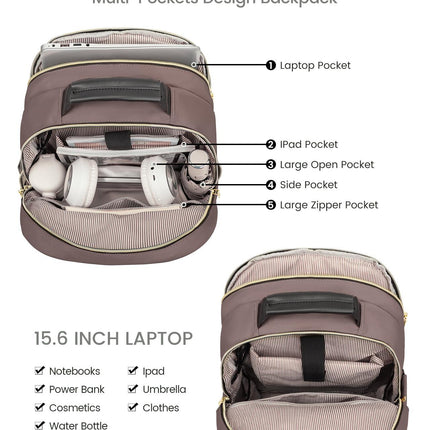 Stylish Laptop Backpack for Women – Large Capacity 27L Computer Bag with 15.6 Inch Compartment, USB Charging Port & 16 Pockets – Ideal for College, Work & Travel (Brown).