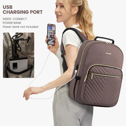 Stylish Laptop Backpack for Women – Large Capacity 27L Computer Bag with 15.6 Inch Compartment, USB Charging Port & 16 Pockets – Ideal for College, Work & Travel (Brown).
