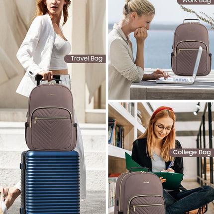 Stylish Laptop Backpack for Women – Large Capacity 27L Computer Bag with 15.6 Inch Compartment, USB Charging Port & 16 Pockets – Ideal for College, Work & Travel (Brown).
