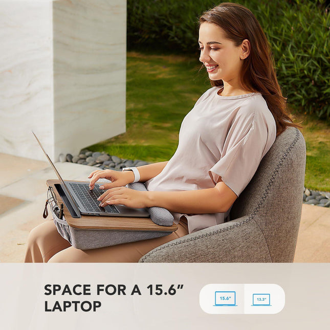 Portable Lap Desk for Students, Remote Workers & Readers – Laptop Table with Wrist Rest, Storage Pockets, Fits up to 15.6 inch Laptop for Bed, Couch or Dorm Use (Wood Grain).