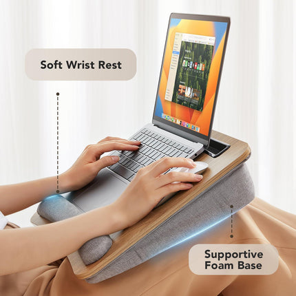 Portable Lap Desk for Students, Remote Workers & Readers – Laptop Table with Wrist Rest, Storage Pockets, Fits up to 15.6 inch Laptop for Bed, Couch or Dorm Use (Wood Grain).