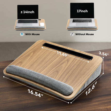 Portable Lap Desk for Students, Remote Workers & Readers – Laptop Table with Wrist Rest, Storage Pockets, Fits up to 15.6 inch Laptop for Bed, Couch or Dorm Use (Wood Grain).