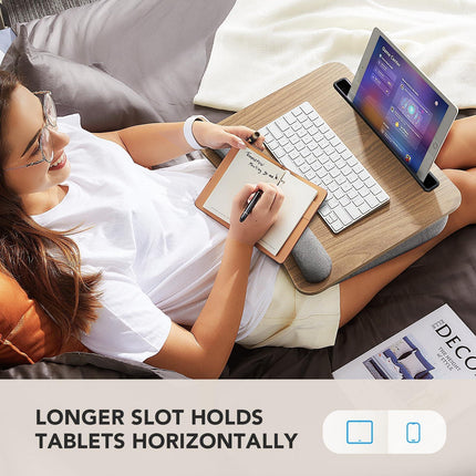 Portable Lap Desk for Students, Remote Workers & Readers – Laptop Table with Wrist Rest, Storage Pockets, Fits up to 15.6 inch Laptop for Bed, Couch or Dorm Use (Wood Grain).
