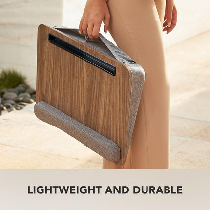 Portable Lap Desk for Students, Remote Workers & Readers – Laptop Table with Wrist Rest, Storage Pockets, Fits up to 15.6 inch Laptop for Bed, Couch or Dorm Use (Wood Grain).