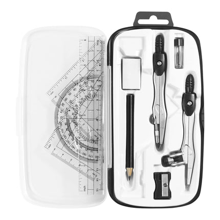 Complete 10-Piece Geometry Kit Set – Precision Drafting Tools with Metal Compasses, Rulers, Protractor & Pencil Sharpener – Ideal for Students, Engineers & Artists (Black).