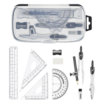 Complete 10-Piece Geometry Kit Set – Precision Drafting Tools with Metal Compasses, Rulers, Protractor & Pencil Sharpener – Ideal for Students, Engineers & Artists (Black).