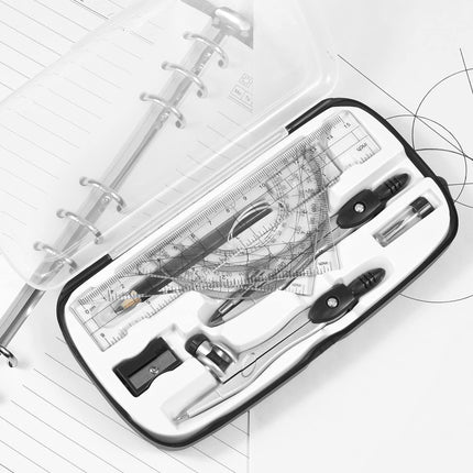Complete 10-Piece Geometry Kit Set – Precision Drafting Tools with Metal Compasses, Rulers, Protractor & Pencil Sharpener – Ideal for Students, Engineers & Artists (Black).