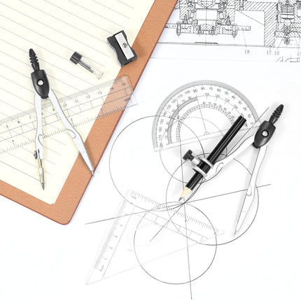 Complete 10-Piece Geometry Kit Set – Precision Drafting Tools with Metal Compasses, Rulers, Protractor & Pencil Sharpener – Ideal for Students, Engineers & Artists (Black).
