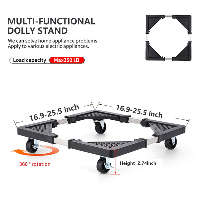 Adjustable Appliance Dolly Stand with 4 Locking Wheels – Expandable Base from 16.9 to 25.6 Inch, Heavy-Duty Furniture Moving Cart for Refrigerator, Washer, Cabinet, Air Conditioner (Black).