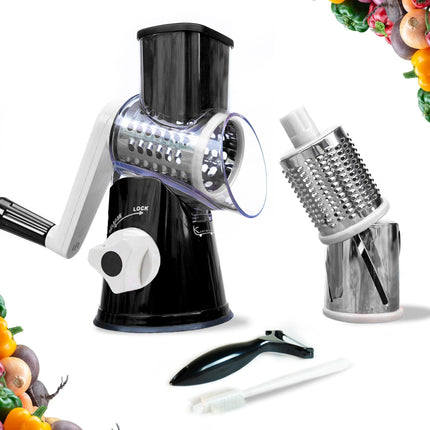 Manual Rotary Food Slicer & Grater with 3 Stainless Steel Drums – Suction Base Vegetable Shredder for Cheese, Potatoes & More (Black).