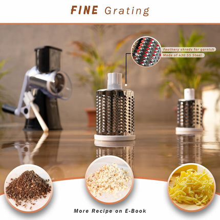 Manual Rotary Food Slicer & Grater with 3 Stainless Steel Drums – Suction Base Vegetable Shredder for Cheese, Potatoes & More (Black).