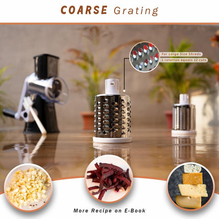 Manual Rotary Food Slicer & Grater with 3 Stainless Steel Drums – Suction Base Vegetable Shredder for Cheese, Potatoes & More (Black).