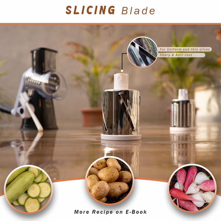 Manual Rotary Food Slicer & Grater with 3 Stainless Steel Drums – Suction Base Vegetable Shredder for Cheese, Potatoes & More (Black).