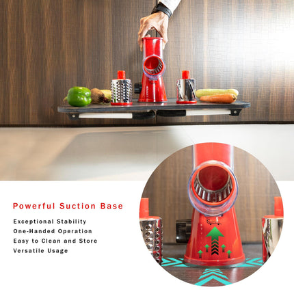 Manual Rotary Food Slicer & Grater with 3 Stainless Steel Drums – Suction Base Vegetable Shredder for Cheese, Potatoes & More (Black).