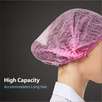 100-Pack Disposable Non-Woven Hair Net Caps – High Capacity, Elastic Band, Lint-Free & Latex-Free for Kitchen, Medical, Spa Use (Pink).