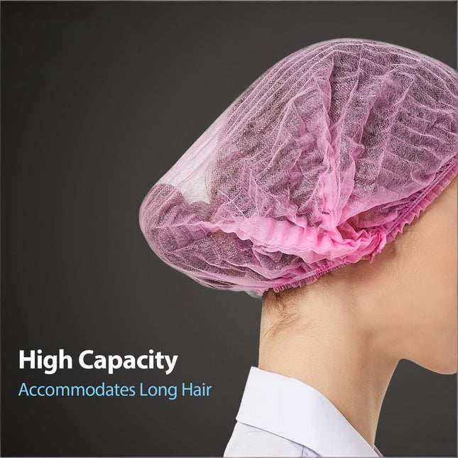 100-Pack Disposable Non-Woven Hair Net Caps – High Capacity, Elastic Band, Lint-Free & Latex-Free for Kitchen, Medical, Spa Use (Pink).