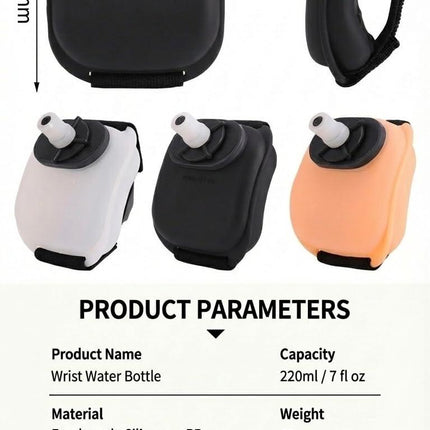 Wrist Water Bottle 7oz Hydration Flask – Hands-Free Leak-Proof Silicone Drink Container for Running, Cycling, Hiking & Fitness Training (Black).