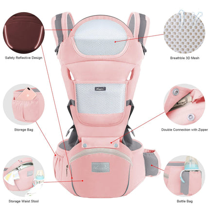 6-in-1 Adjustable Baby Carrier with Hip Seat – 11.8–15.7in Adjustable Height, Breathable Mesh & Multi-Position Carry for Newborn to 36 Months (Pink).