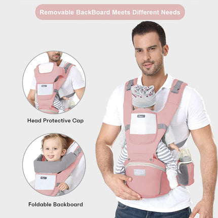 6-in-1 Adjustable Baby Carrier with Hip Seat – 11.8–15.7in Adjustable Height, Breathable Mesh & Multi-Position Carry for Newborn to 36 Months (Pink).