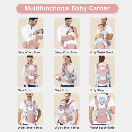 6-in-1 Adjustable Baby Carrier with Hip Seat – 11.8–15.7in Adjustable Height, Breathable Mesh & Multi-Position Carry for Newborn to 36 Months (Pink).