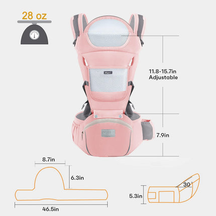 6-in-1 Adjustable Baby Carrier with Hip Seat – 11.8–15.7in Adjustable Height, Breathable Mesh & Multi-Position Carry for Newborn to 36 Months (Pink).
