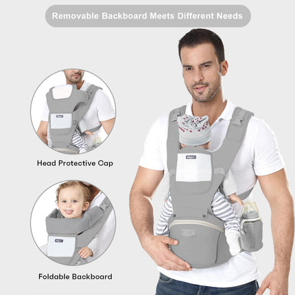 6-in-1 Adjustable Baby Carrier with Hip Seat – 11.8–15.7in Adjustable Height, Breathable Mesh & Multi-Position Carry for Newborn to 36 Months (Grey).