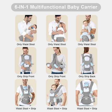 6-in-1 Adjustable Baby Carrier with Hip Seat – 11.8–15.7in Adjustable Height, Breathable Mesh & Multi-Position Carry for Newborn to 36 Months (Grey).