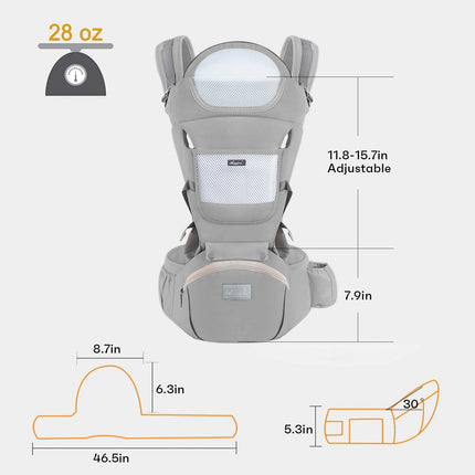 6-in-1 Adjustable Baby Carrier with Hip Seat – 11.8–15.7in Adjustable Height, Breathable Mesh & Multi-Position Carry for Newborn to 36 Months (Grey).