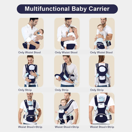 6-in-1 Adjustable Baby Carrier with Hip Seat – 11.8–15.7in Adjustable Height, Breathable Mesh & Multi-Position Carry for Newborn to 36 Months (Blue).