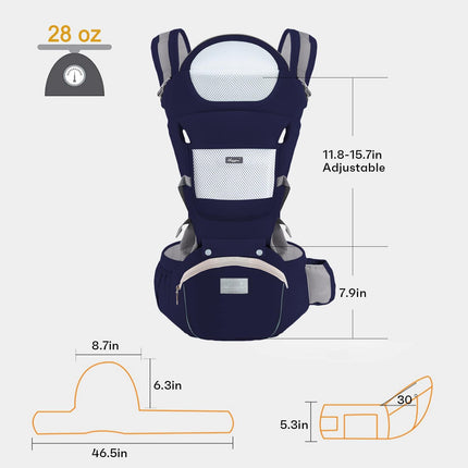 6-in-1 Adjustable Baby Carrier with Hip Seat – 11.8–15.7in Adjustable Height, Breathable Mesh & Multi-Position Carry for Newborn to 36 Months (Blue).