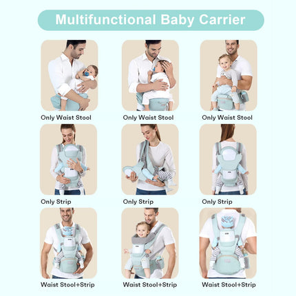 6-in-1 Adjustable Baby Carrier with Hip Seat – 11.8–15.7in Adjustable Height, Breathable Mesh & Multi-Position Carry for Newborn to 36 Months (Green).