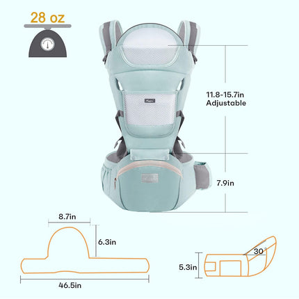 6-in-1 Adjustable Baby Carrier with Hip Seat – 11.8–15.7in Adjustable Height, Breathable Mesh & Multi-Position Carry for Newborn to 36 Months (Green).