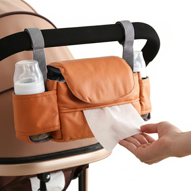Universal Stroller Organizer Bag with Front Tissue Dispenser, Bottle Holders & Large Storage – Perfect for Daily Outings with Baby (Orange).
