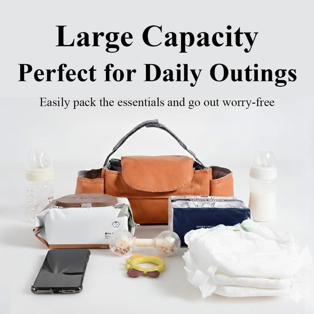 Universal Stroller Organizer Bag with Front Tissue Dispenser, Bottle Holders & Large Storage – Perfect for Daily Outings with Baby (Orange).