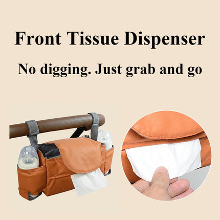 Universal Stroller Organizer Bag with Front Tissue Dispenser, Bottle Holders & Large Storage – Perfect for Daily Outings with Baby (Orange).