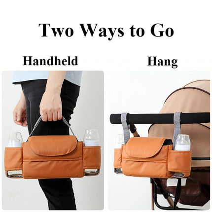 Universal Stroller Organizer Bag with Front Tissue Dispenser, Bottle Holders & Large Storage – Perfect for Daily Outings with Baby (Orange).