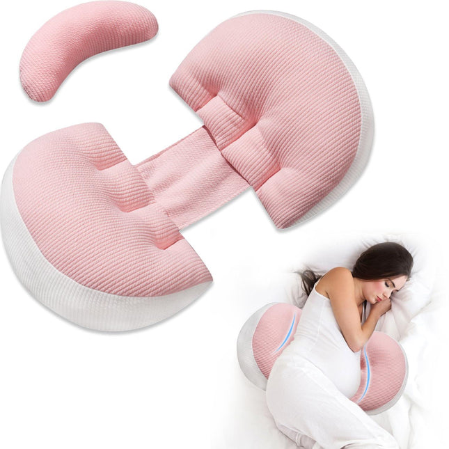 Adjustable Pregnancy Pillow with Velcro Design – Side Sleeping Support for Back, Belly, Hips & Legs, Travel-Friendly Maternity Pillow with Bonus Auxiliary Pillow(Red).